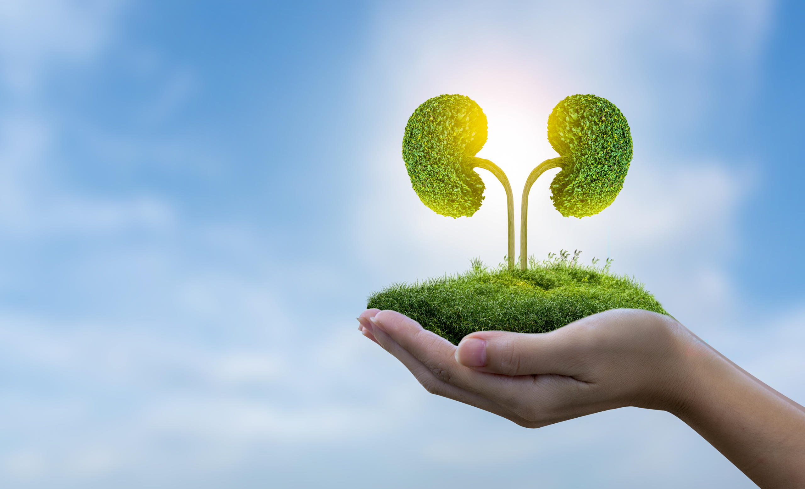 Healthy Kidneys: Image Of Person Holding Green Kidney Landscape Against Sky