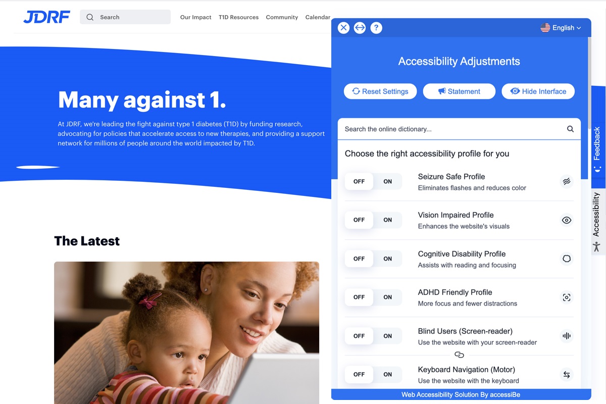 accessiBe screen capture of the profile menu pulled up on jdrf.org