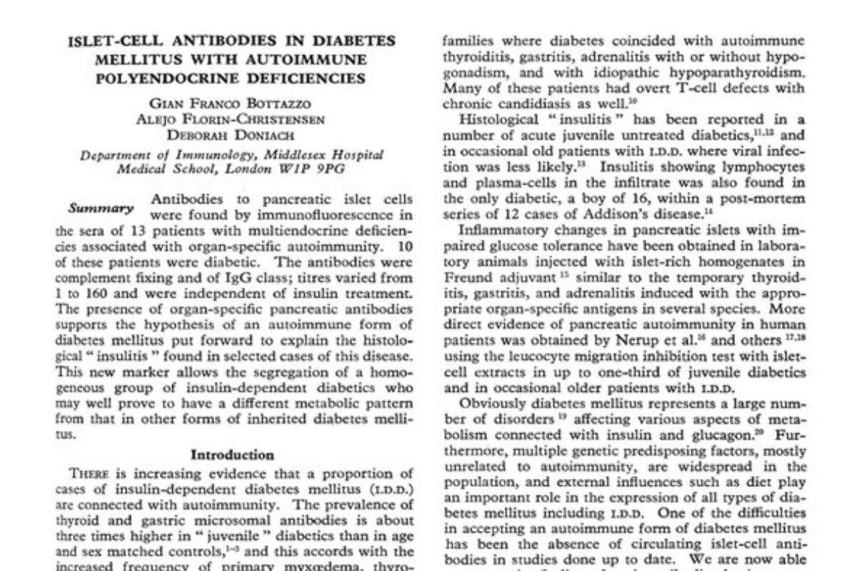 Publication Islet-Cell Antibodies for Type 1 Diabetes, Gian Franco Bottazzo - 1974